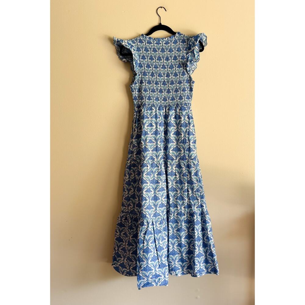 Sugar Lips Blue + White Geo Sunfire Elyse Tiered Cap Sleeve Midi Dress Medium - Picture 10 of 12